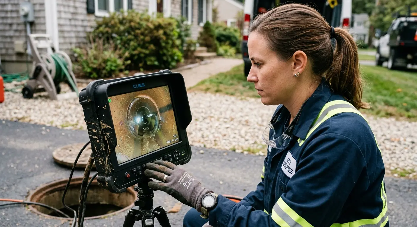 Technician reviewing sewer camera inspection footage in Tinley Park