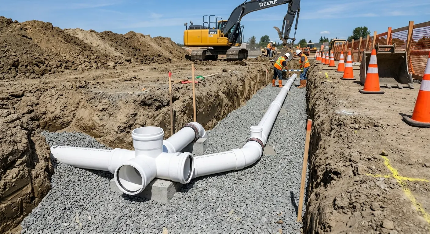 New PVC sewer pipe installation in open trench for Commercial Drain Cleaning in Tinley Park