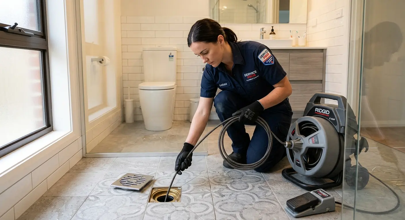 Technician clearing a bathroom floor drain for Clogged Drain Repair in Tinley Park